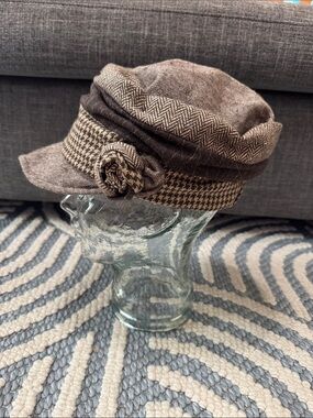 Vintage Y2K Brown Patchwork Newsboy Hat Baker Boy Cap M/L